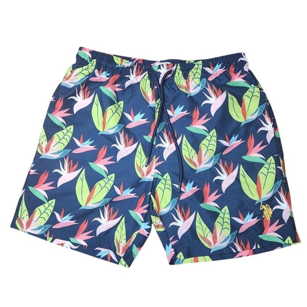 US Polo Men's Swim Trunks Navy Blue Bird of Paradise Floral Print Small‎ G46